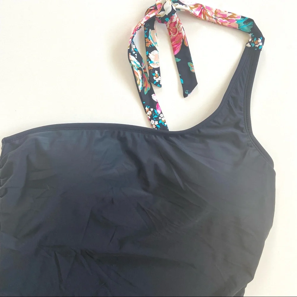 Kona Sol Black One-Shoulder Tie Floral One-Piece Swimsuit